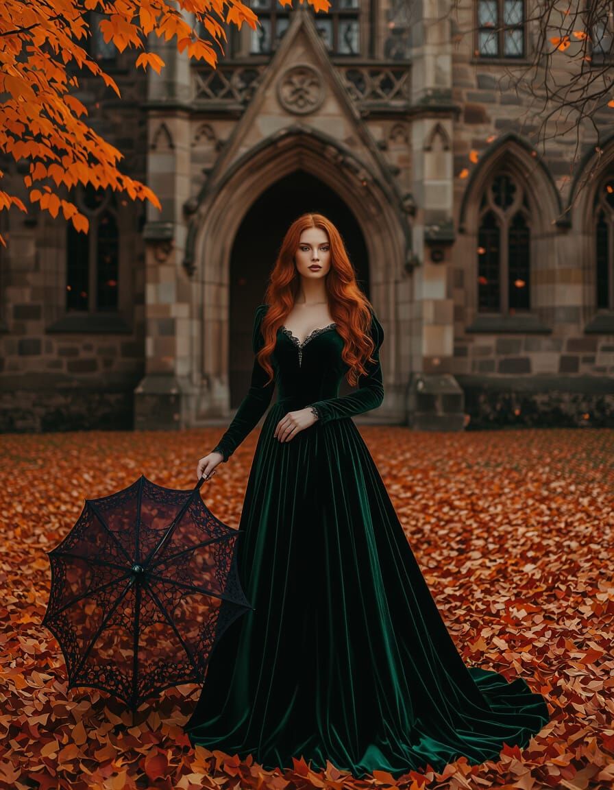 Elegant Woman in Gothic Courtyard with Autumn Foliage