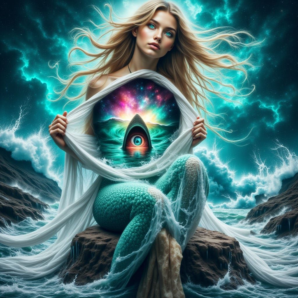 Mermaid on Rock Painting with Nebula Tail