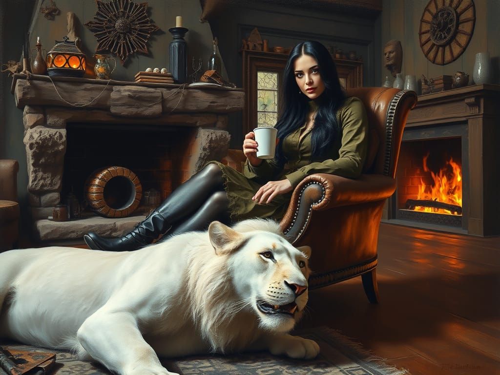 Woman Surrounded by a Majestic White Lion in a Cozy Rustic S...