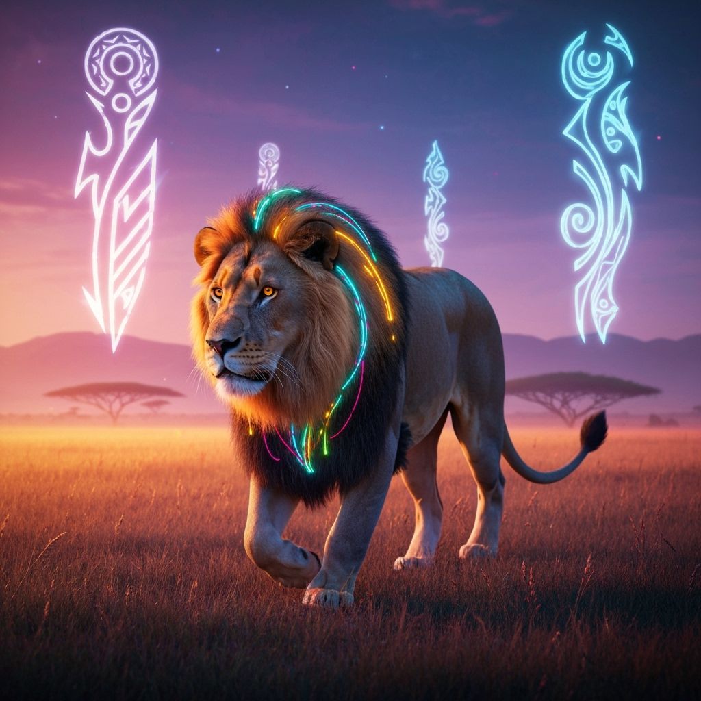 Cyberpunk Lion Striding Through Neon Savanna