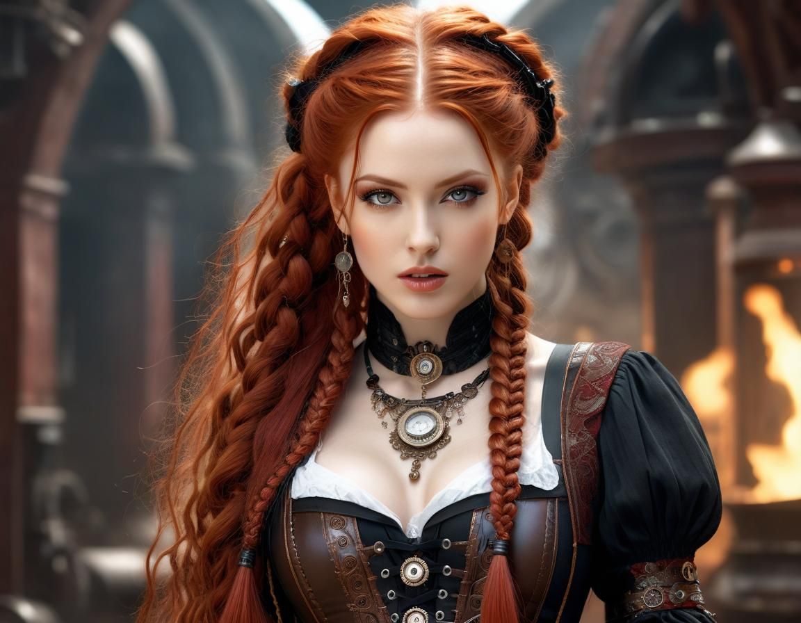 Steampunk Beauty with Red Hair in Victorian Setting