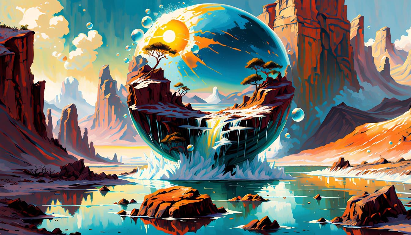 Surreal Double Exposure: Water Sun Over Desert