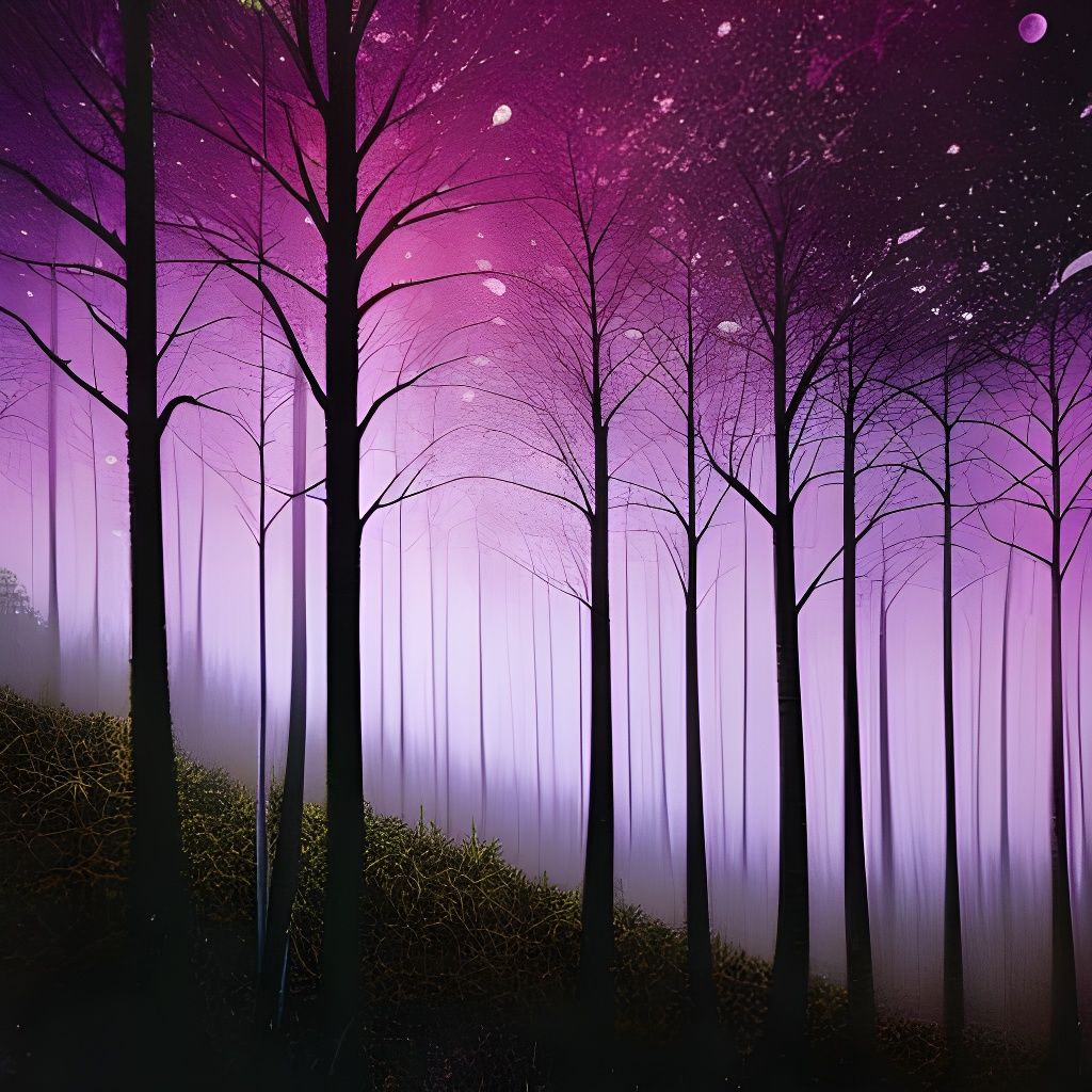 Eerie Forest Under Purple Starry Sky: Oil Painting