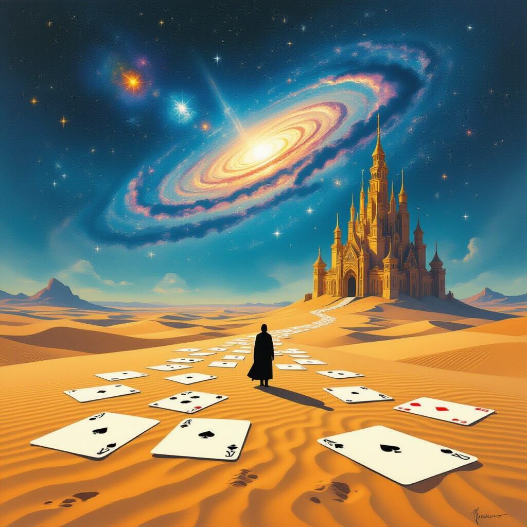 Surreal Desert Dreamscape with Cosmic Castle and Giant Cards