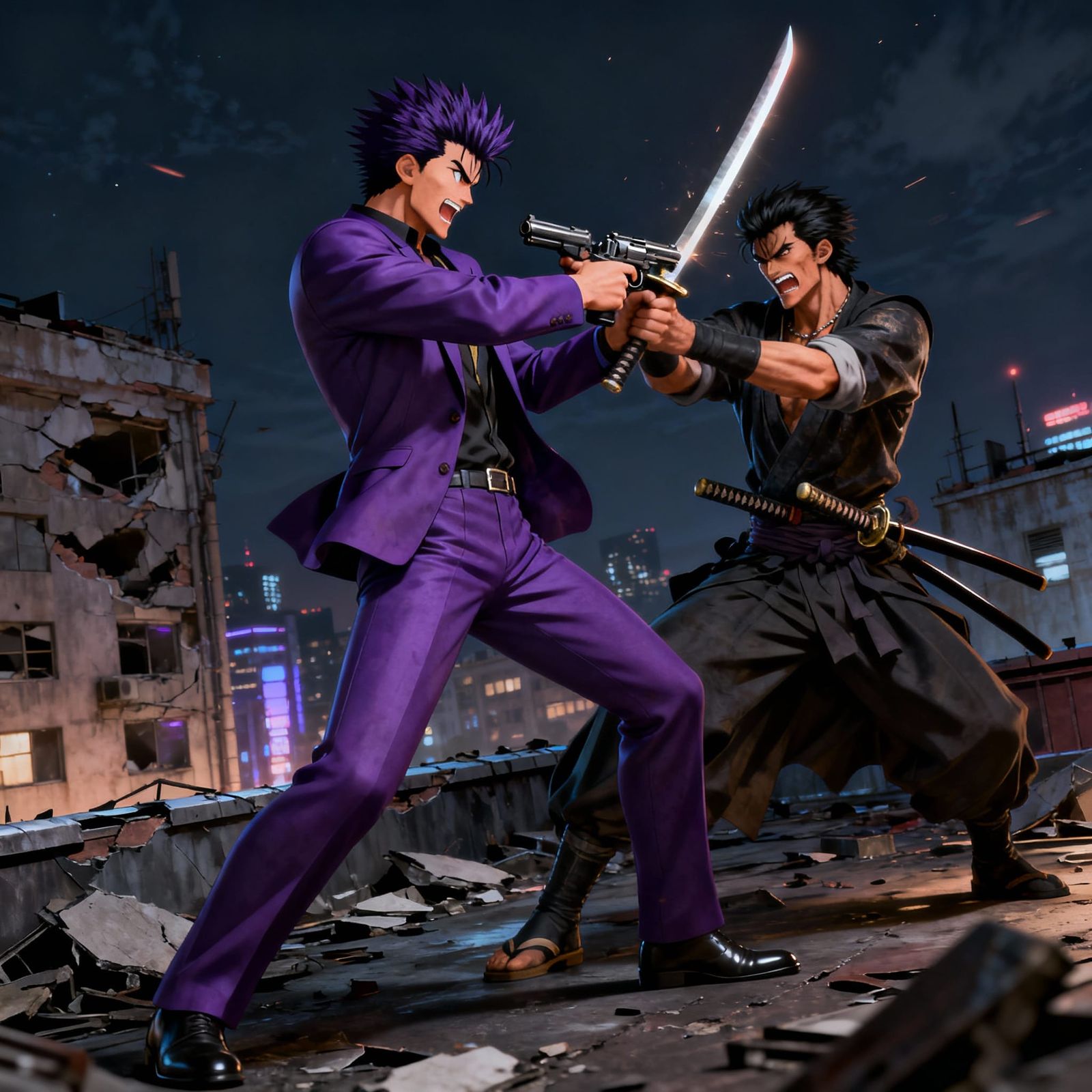 Spike vs Vicious: Epic Rooftop Battle in 3D Anime Style