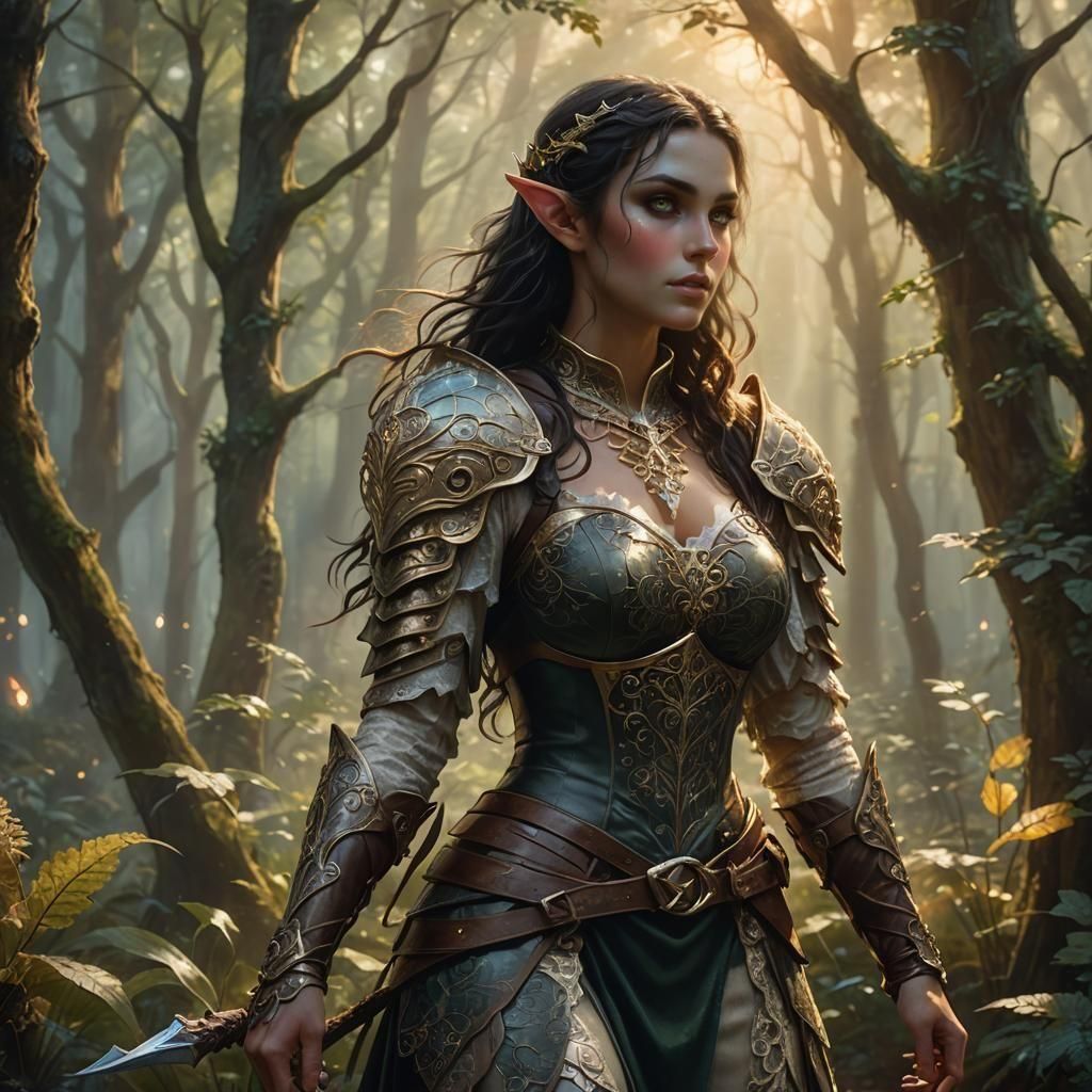 Ethereal Female Elf in Dark Fantasy Forest