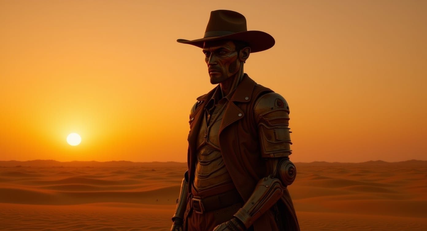 Sunset Standoff: Cowboy Automaton in Alien Desert