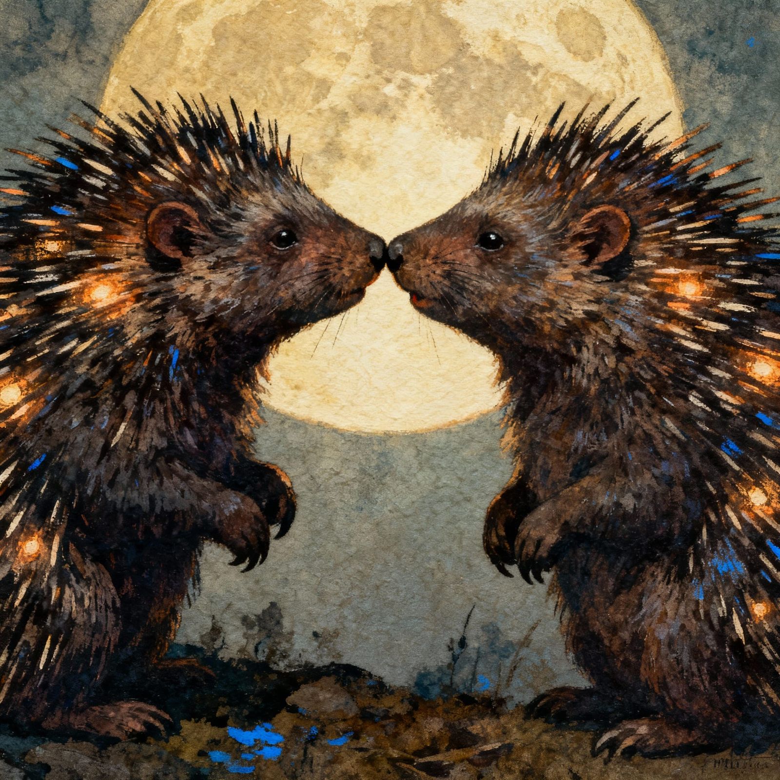 Two Porcupines Nuzzle Under Moonlight, Fantasy Art