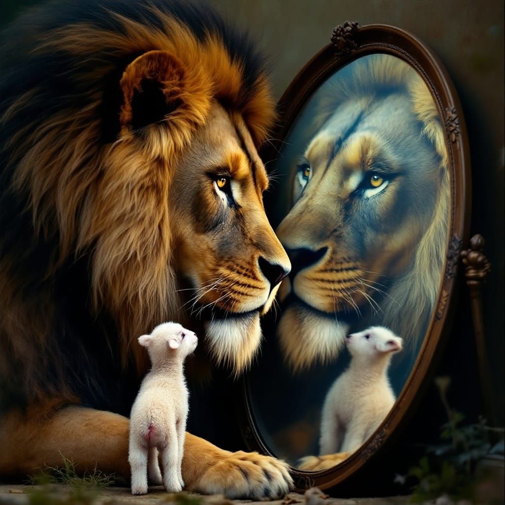 Surreal Scene of Tiny Lamb Confronting Majestic Lion in Mirr...