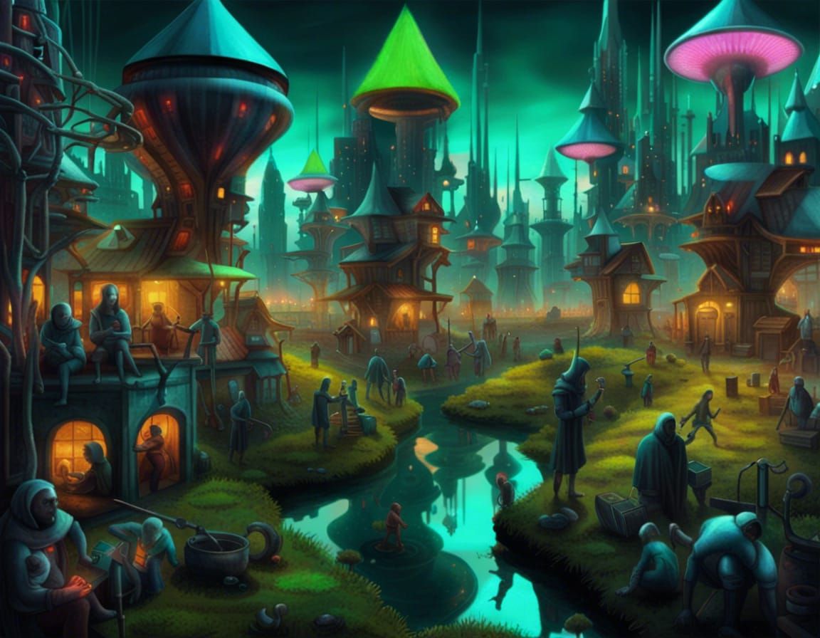 Surreal Sci-Fi Cityscape in a Bosch-inspired Style