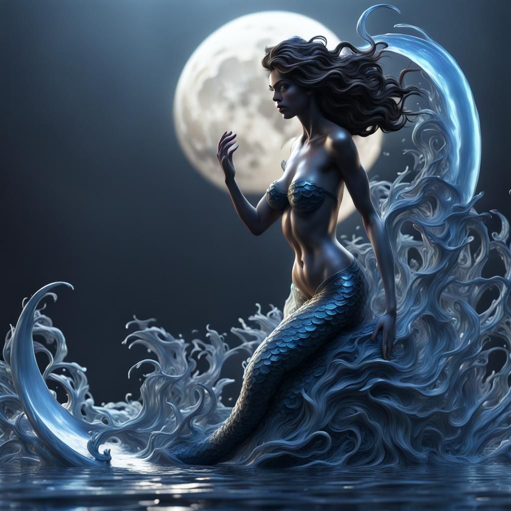 Glossy Mermaid Sculpture with Moon, 8K Art