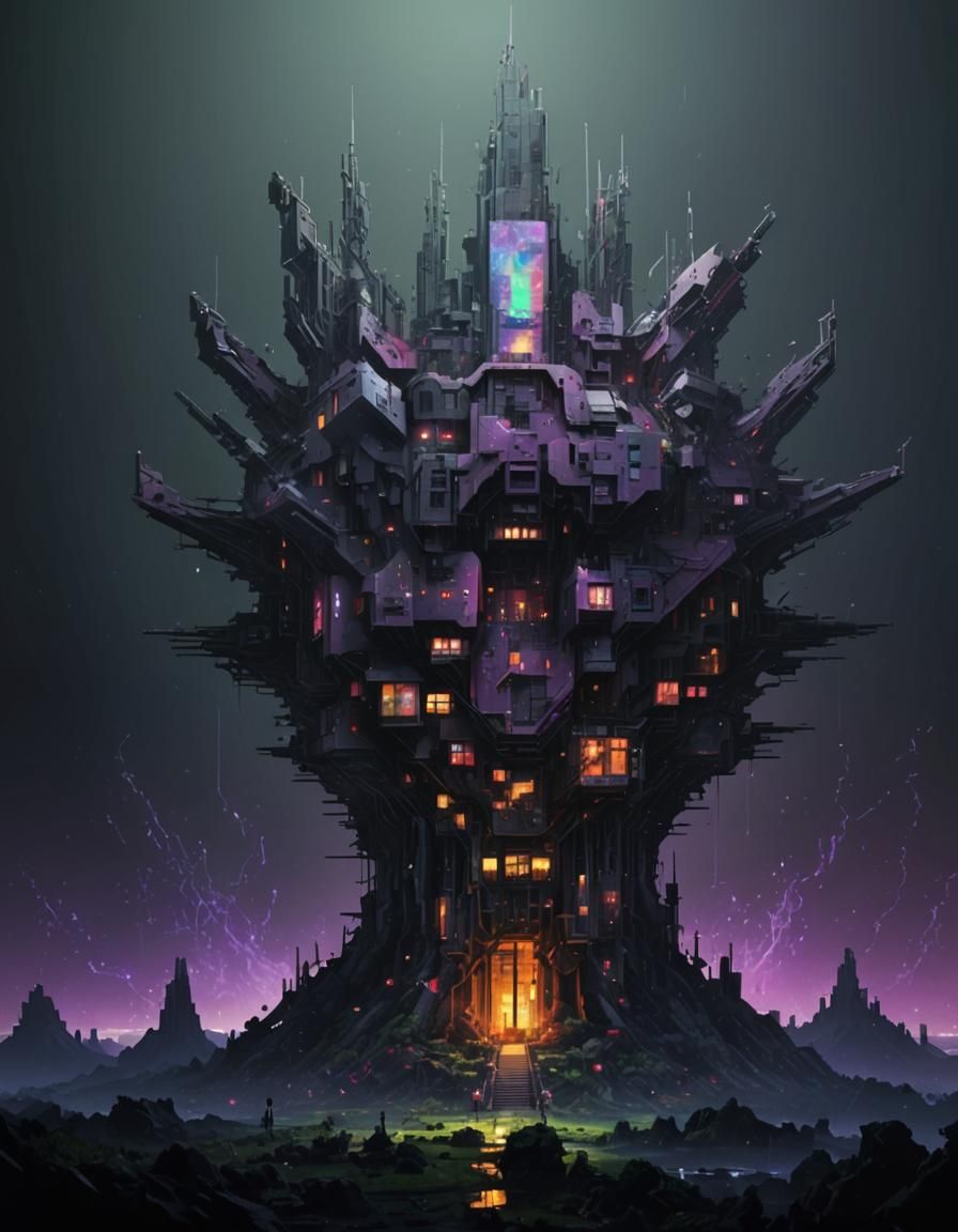 Pixelated Neofuturistic Landscape in Maximalist Style