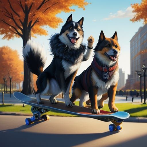 Dogs Skateboarding in City Park - Vibrant Digital Art