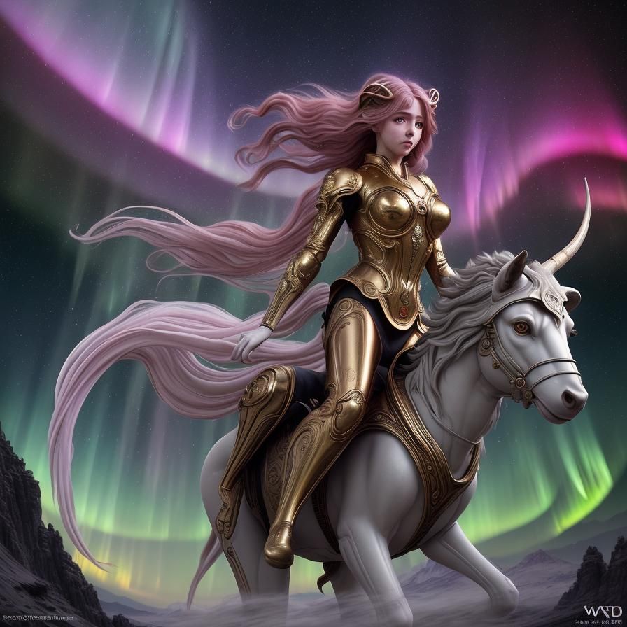 Aries Rides Fiery Steed in Art Nouveau Style