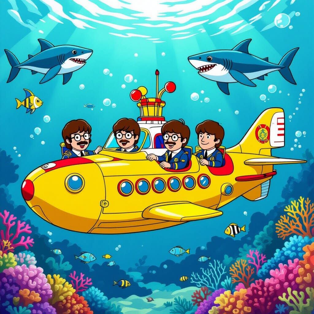 Yellow Submarine Cartoon Adventure with Sea Creatures