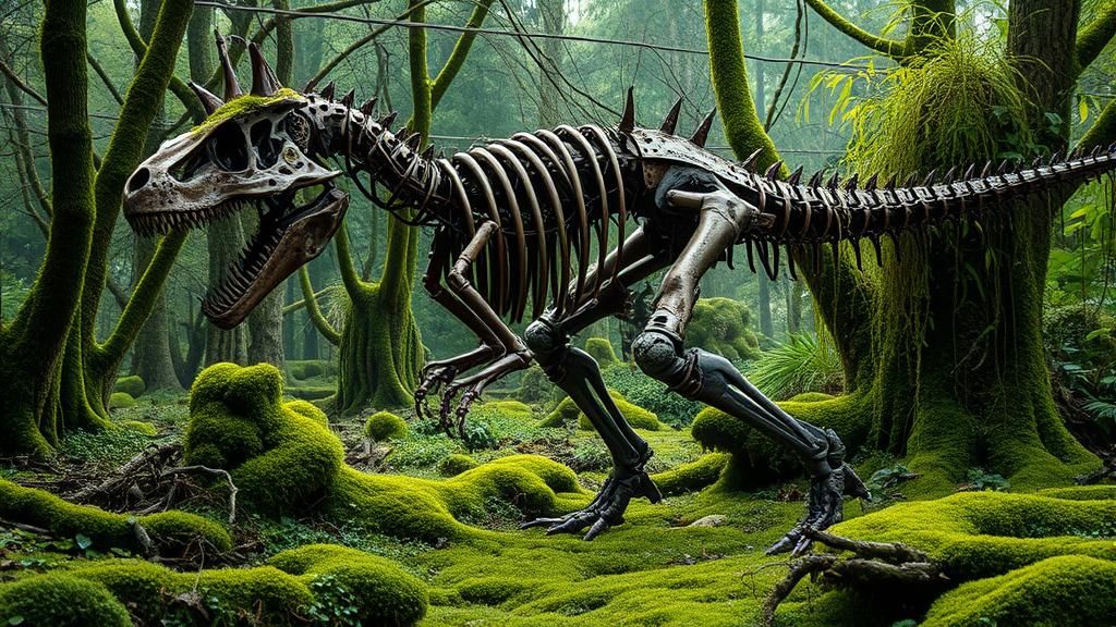 Steampunk Tyrannosaurus Skeleton in Overgrown Garden