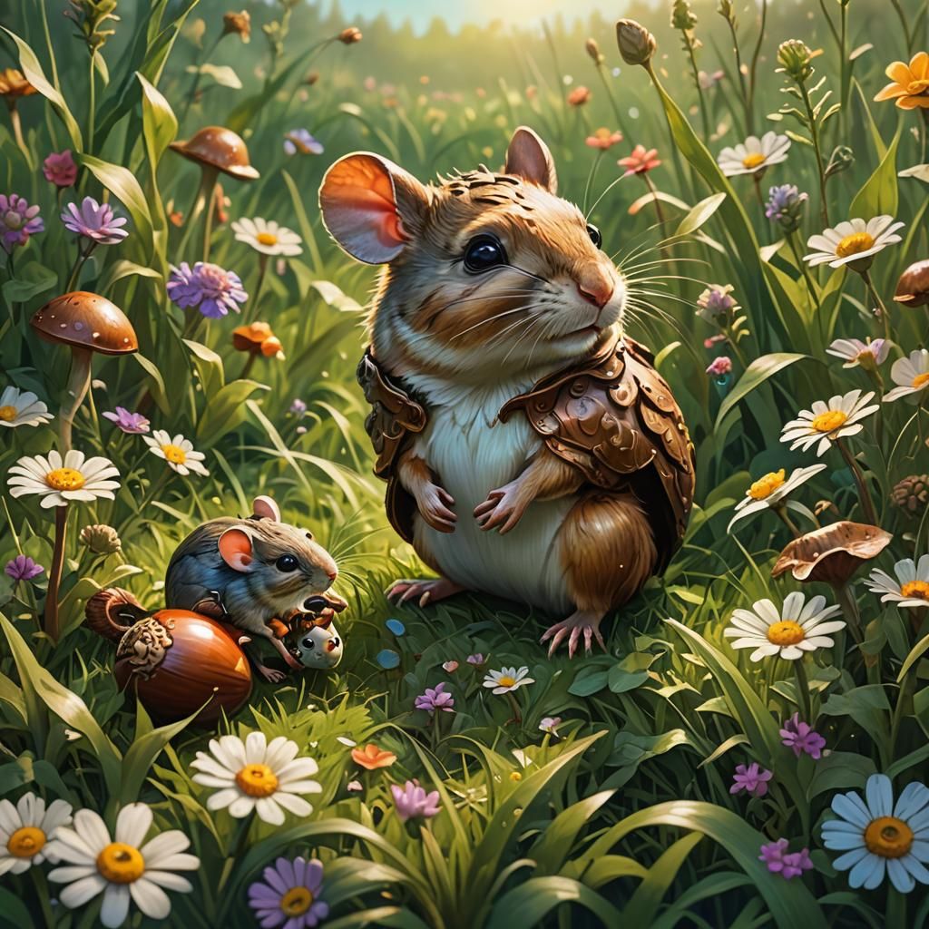 Mouse and Acorn in Lush Field, Oil Painting Style