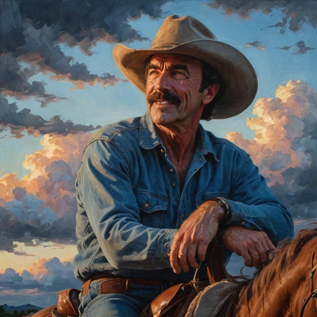 Tom Selleck Rides at Dusk: Impressionistic Portrait
