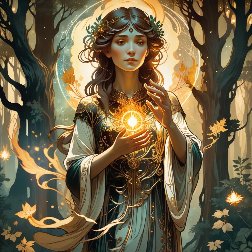 Mystical Forest: Spiritual Figure Touches Sacred Flame
