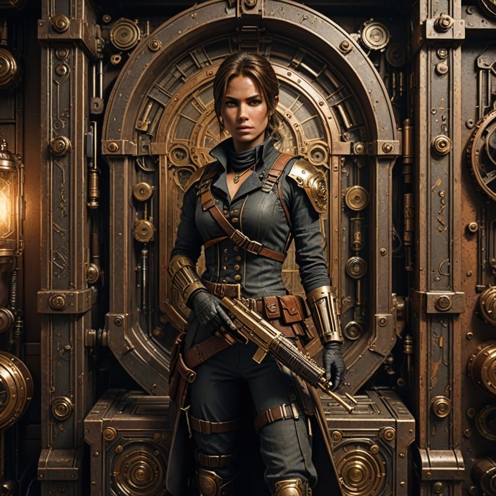 Steampunk Lara Croft Stands Before a Vintage-Style Showcase ...
