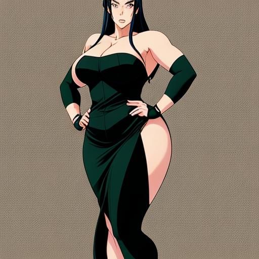 Curvy Woman in Gown: Manga-Style Cel-Shaded Art