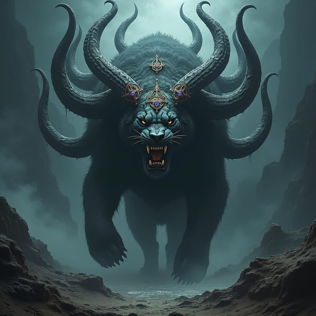 Seven-Headed Beast Emerges from Shadowy Realm