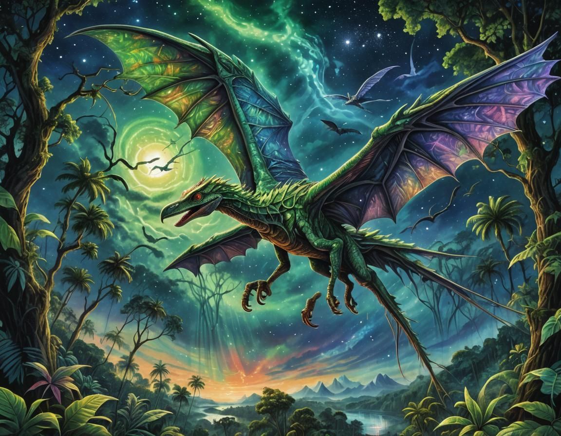 Zombie Pterosaur Soaring Above Amazon in Astral Illustration