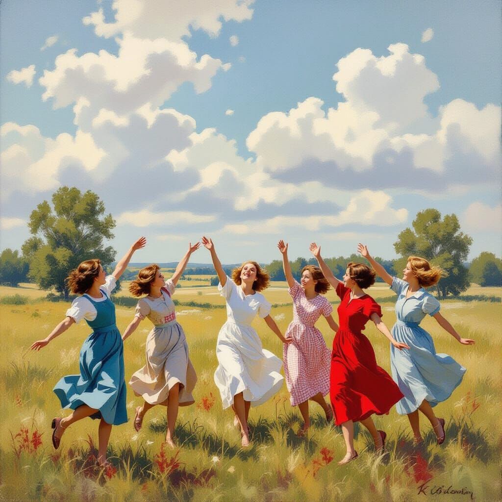 Girls Joyfully Chasing Falling Poppies in Watercolor Style