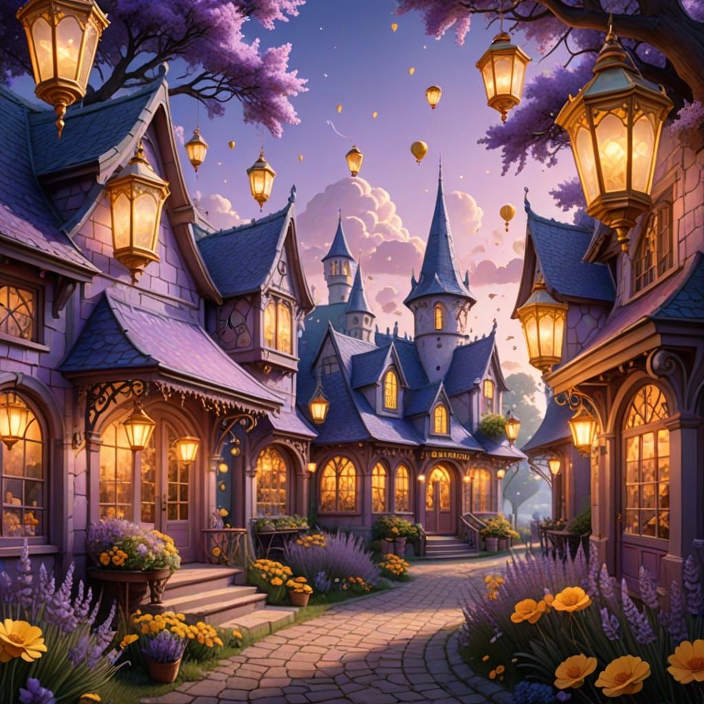 Dreamy Whimsical Lavender Honey Shop at Dusk in Pastel Color...