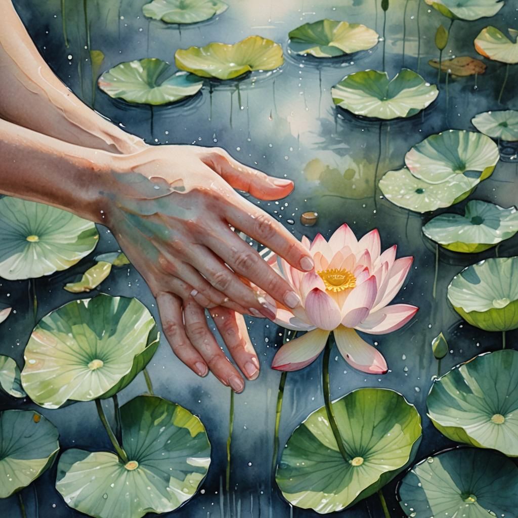 Watercolor Lotus Flower Held in Hand
