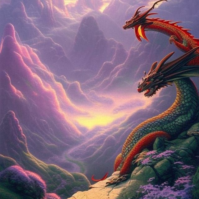 Majestic Red Dragon on Mountain, Ethereal Fantasy Art