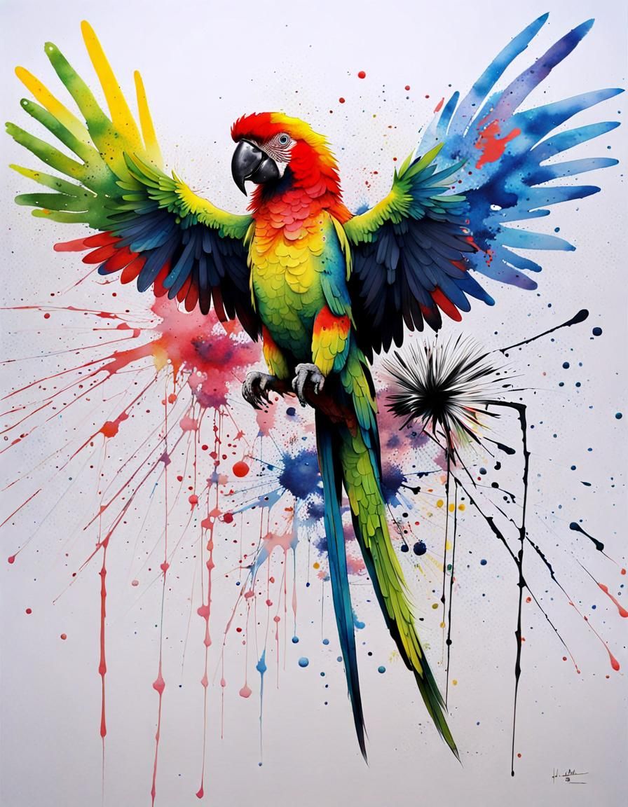 Colorful Ink Splatter Parrot Inspired by Ink Wash Painting