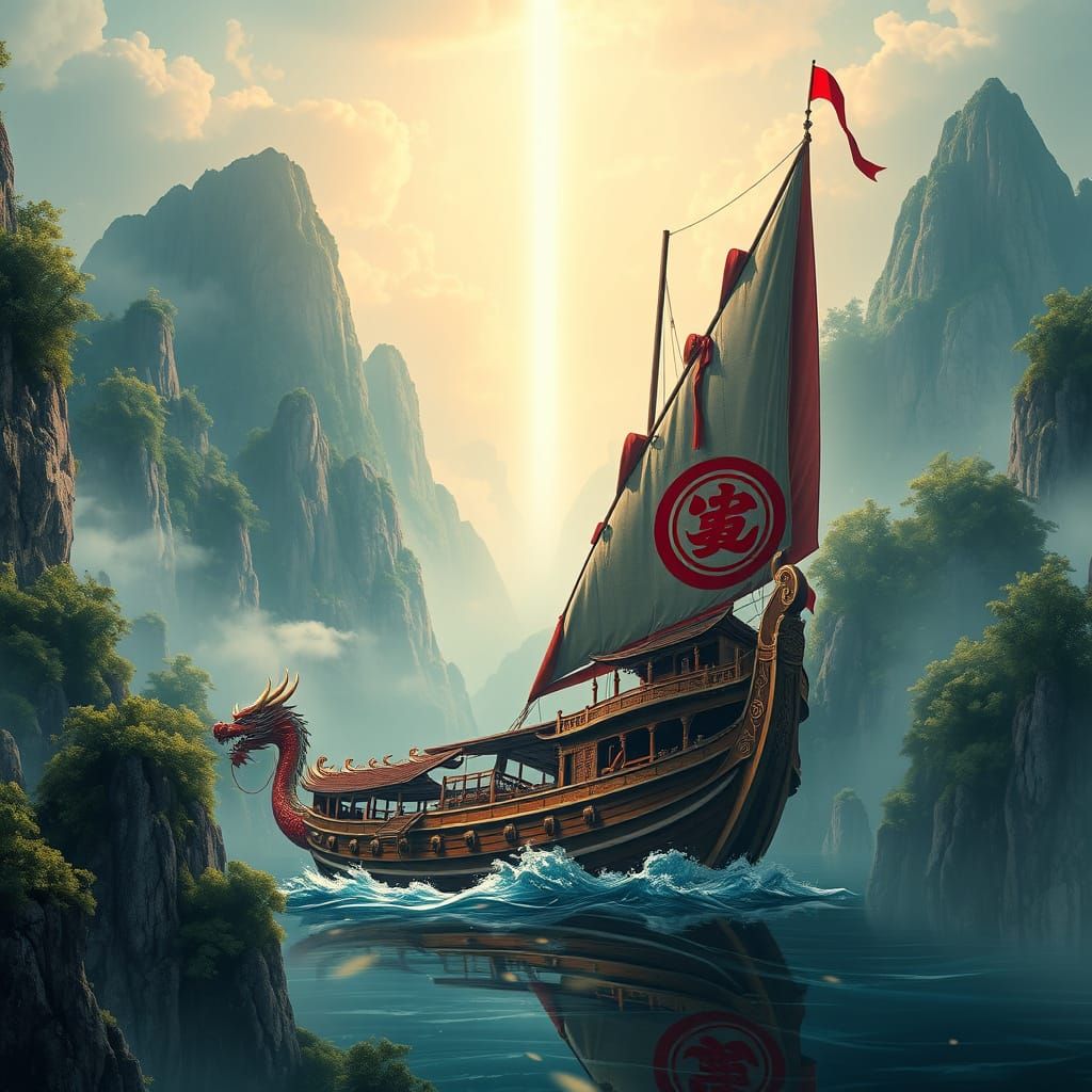 Fantastical Oriental Junk Ship in a Majestic Mountainous Lan...