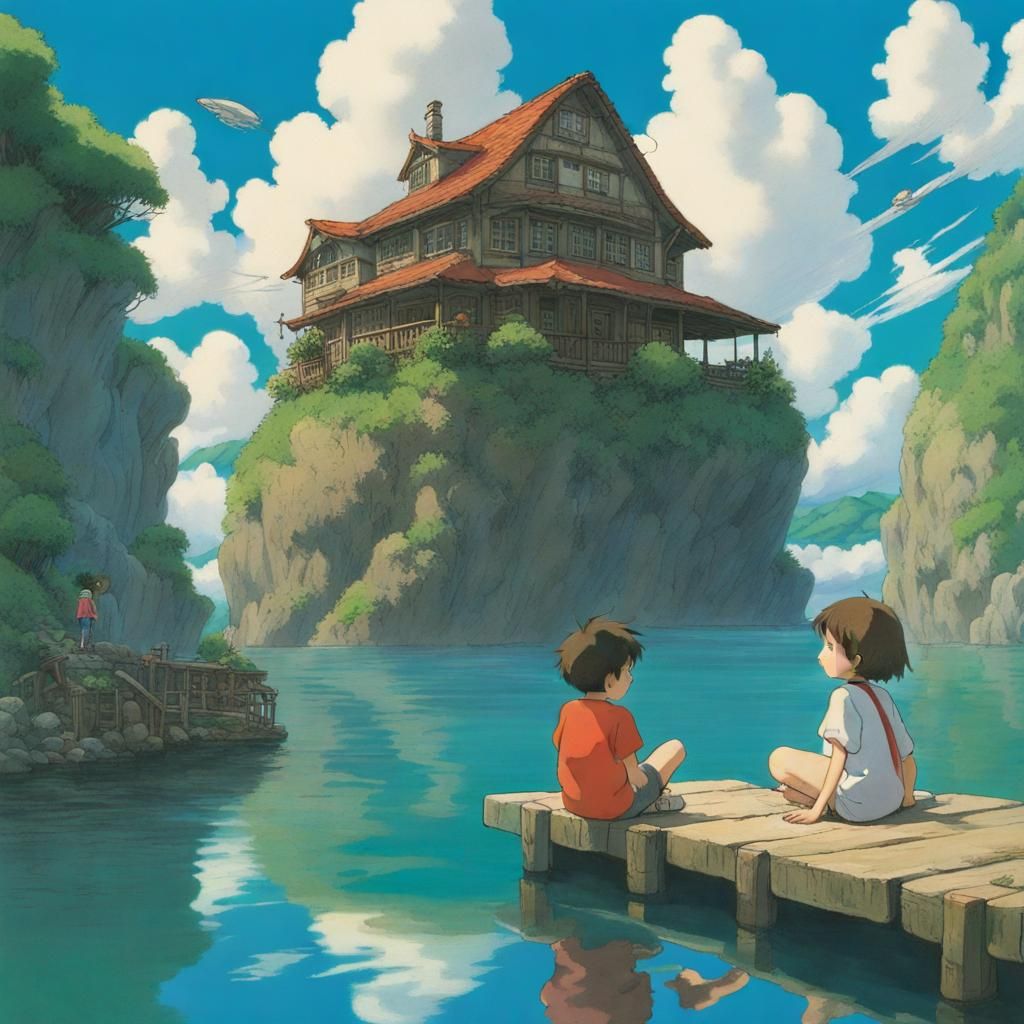 a house on a hilly mountain surrounded by water; a boy and girl sit on a dock
