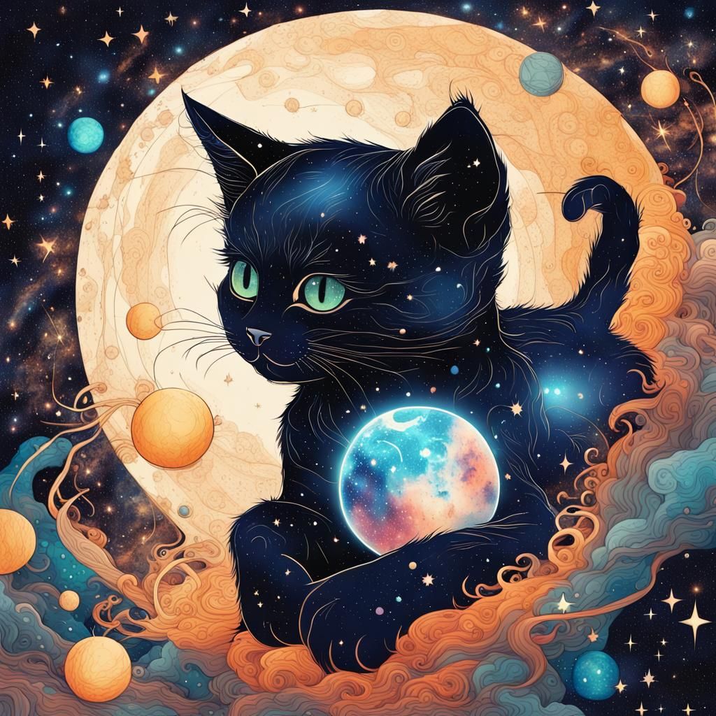 Happy Kitten Playing with Planet in Galaxy Space