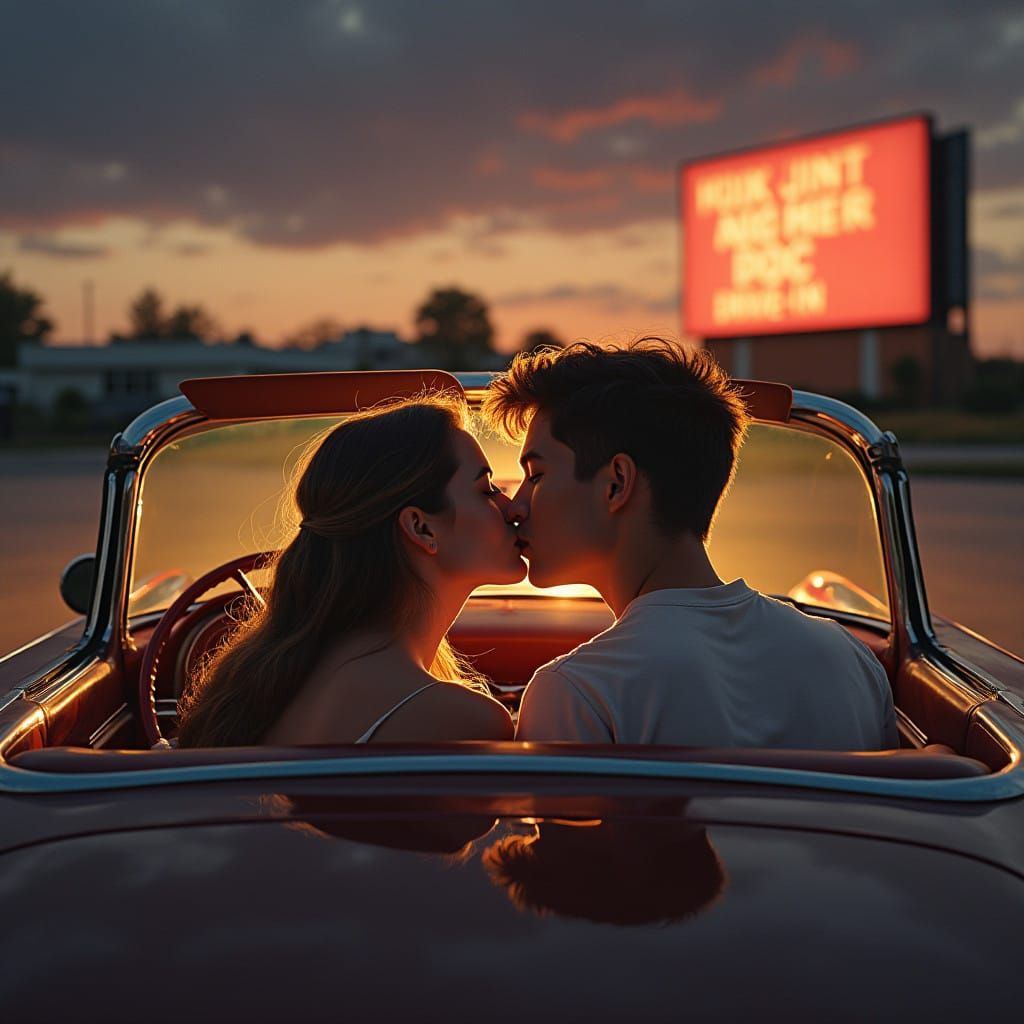 Tender 50s Drive-In Kiss in a Vintage Ford Thunderbird