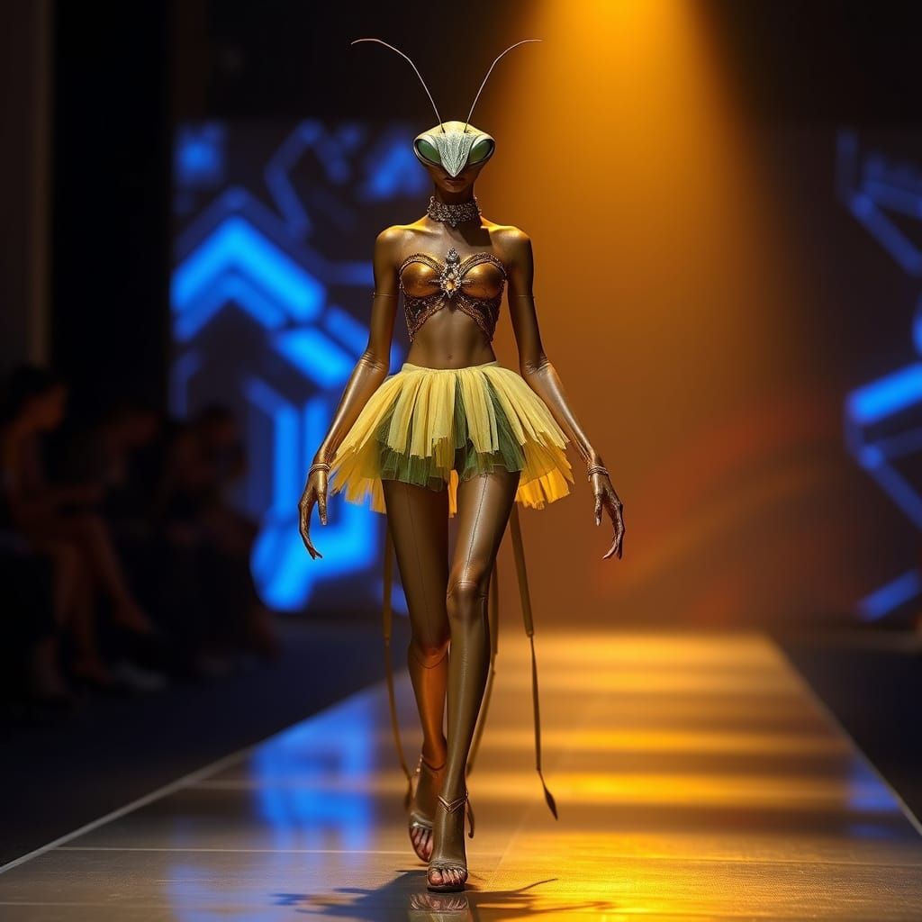 Glowing Runway Goddess: Mantis Model in Mini Mumu