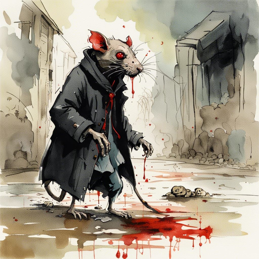 Sinister Sewer Rat with Bloody Bag: Watercolor Art