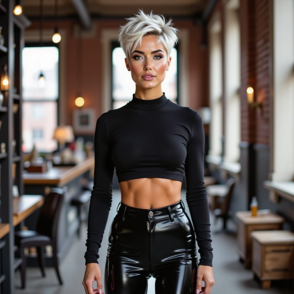Athletic Woman in Black Latex in Brownstone Loft