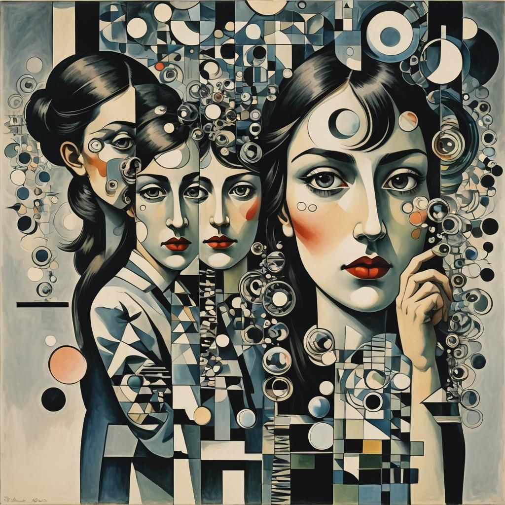 Distorted Reflection: Woman in Mirrored Geometric Abstractio...