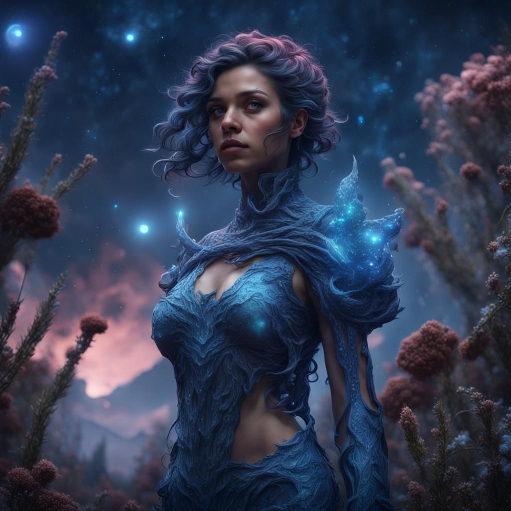 Blue Girl in Galaxy with Planets and Stars