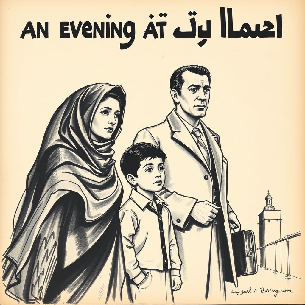 1960s Egyptian Movie Poster: Family Departure in Charcoal
