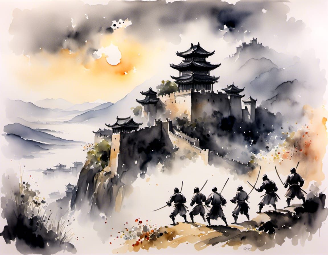 Ninjas Storm a Fortress in Ink Wash Painting Style