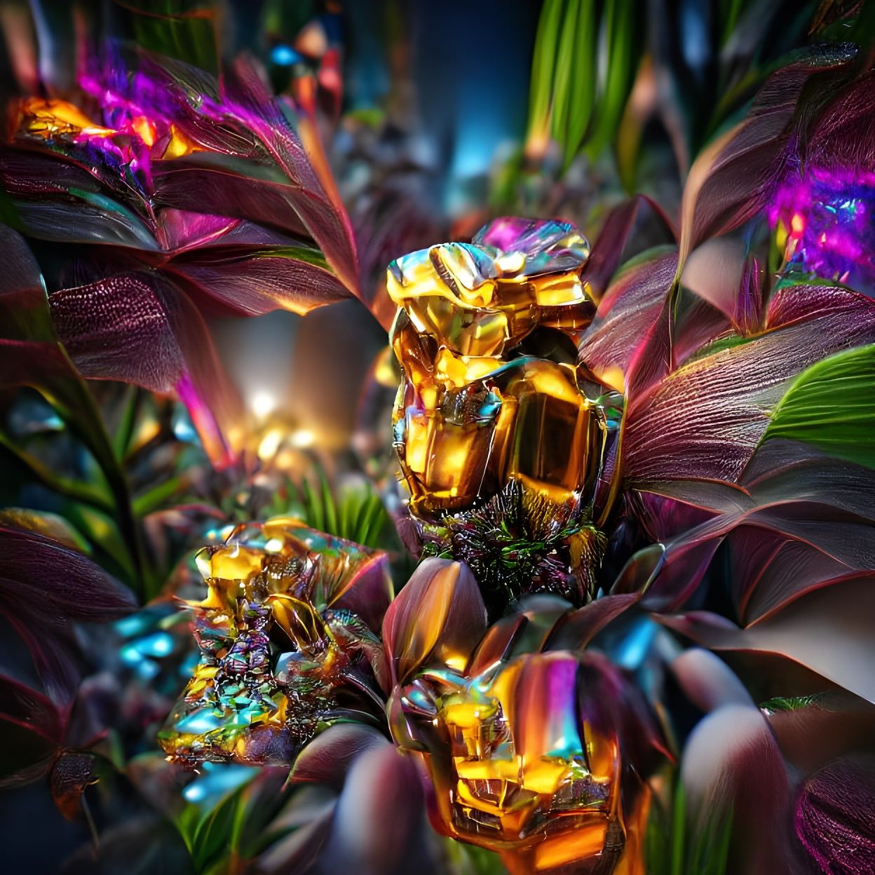 shiny exotic jungle made of melting bismuth and glowing ambe...