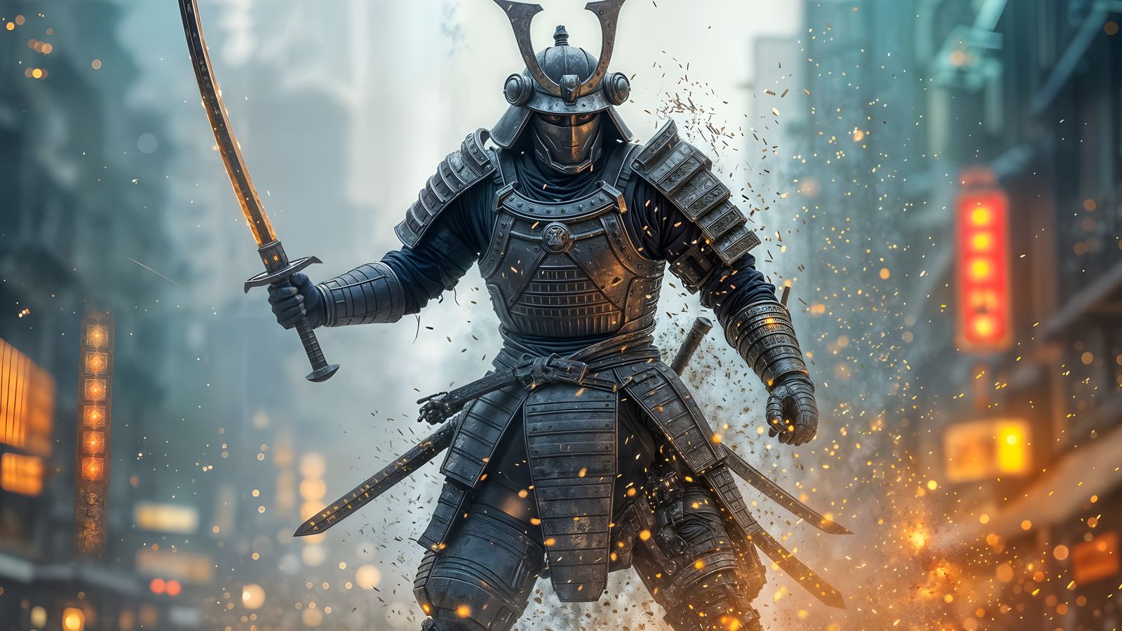 Cyberpunk Warrior in Motion, Double Exposure, Oil Brushwork