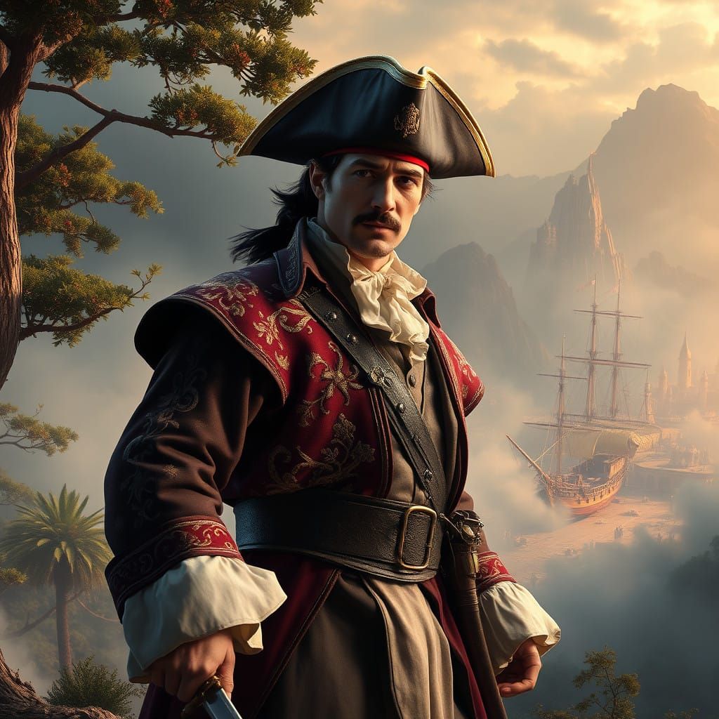 Adventurous Pirate Hero Stands in Mystical Forest