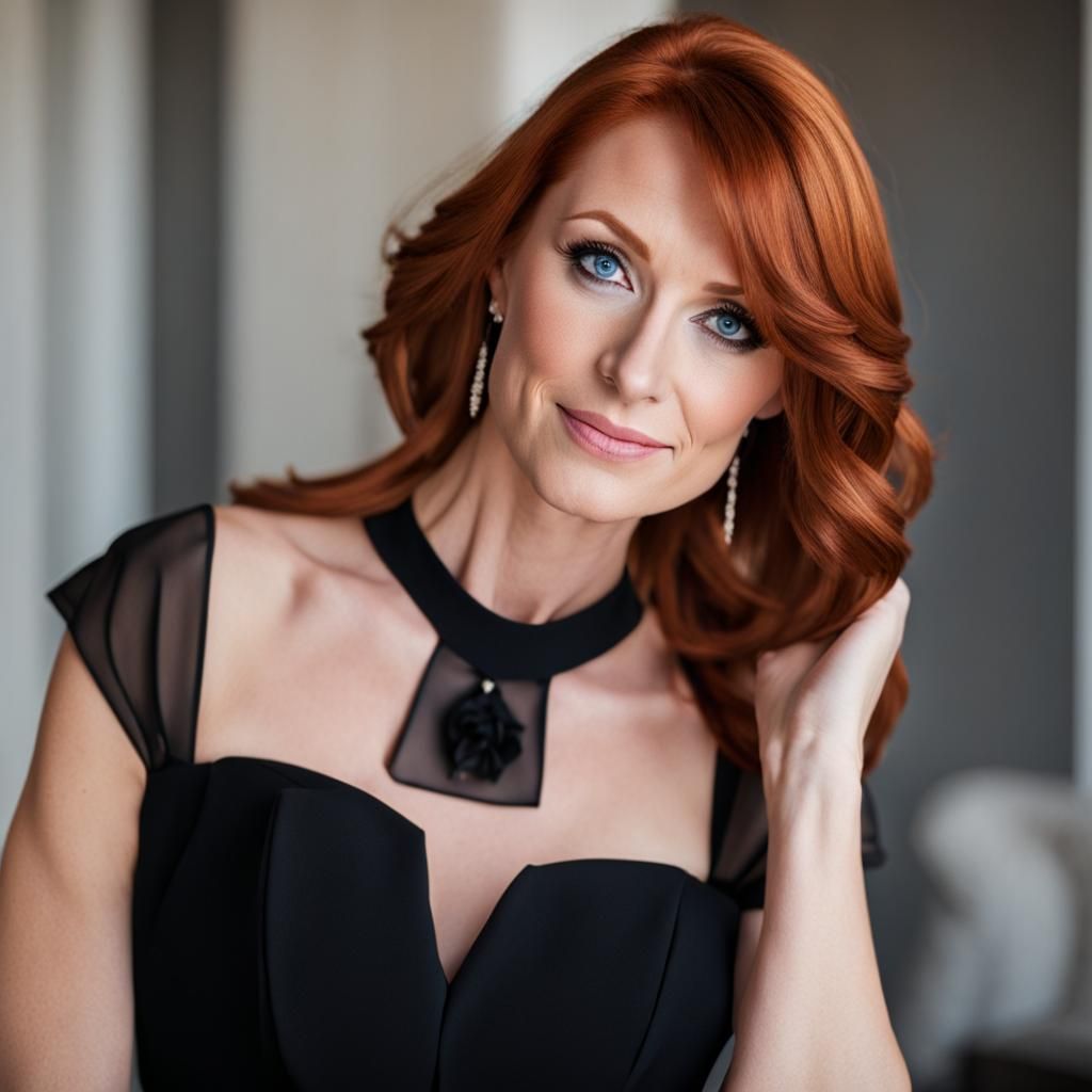 Redhead in Black Dress with Intense Blue Eyes