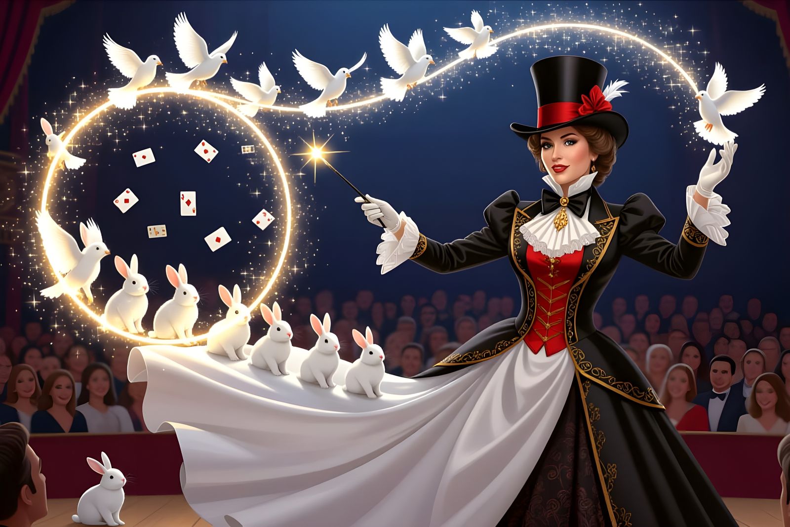 Victorian Magician Enchantress with Rabbits and Doves