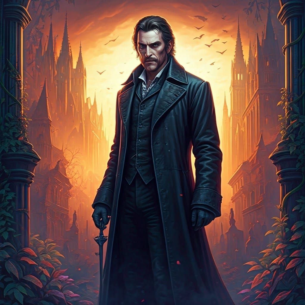 Heroic Van Helsing in Gothic Cityscape, Hyper-Realistic Art