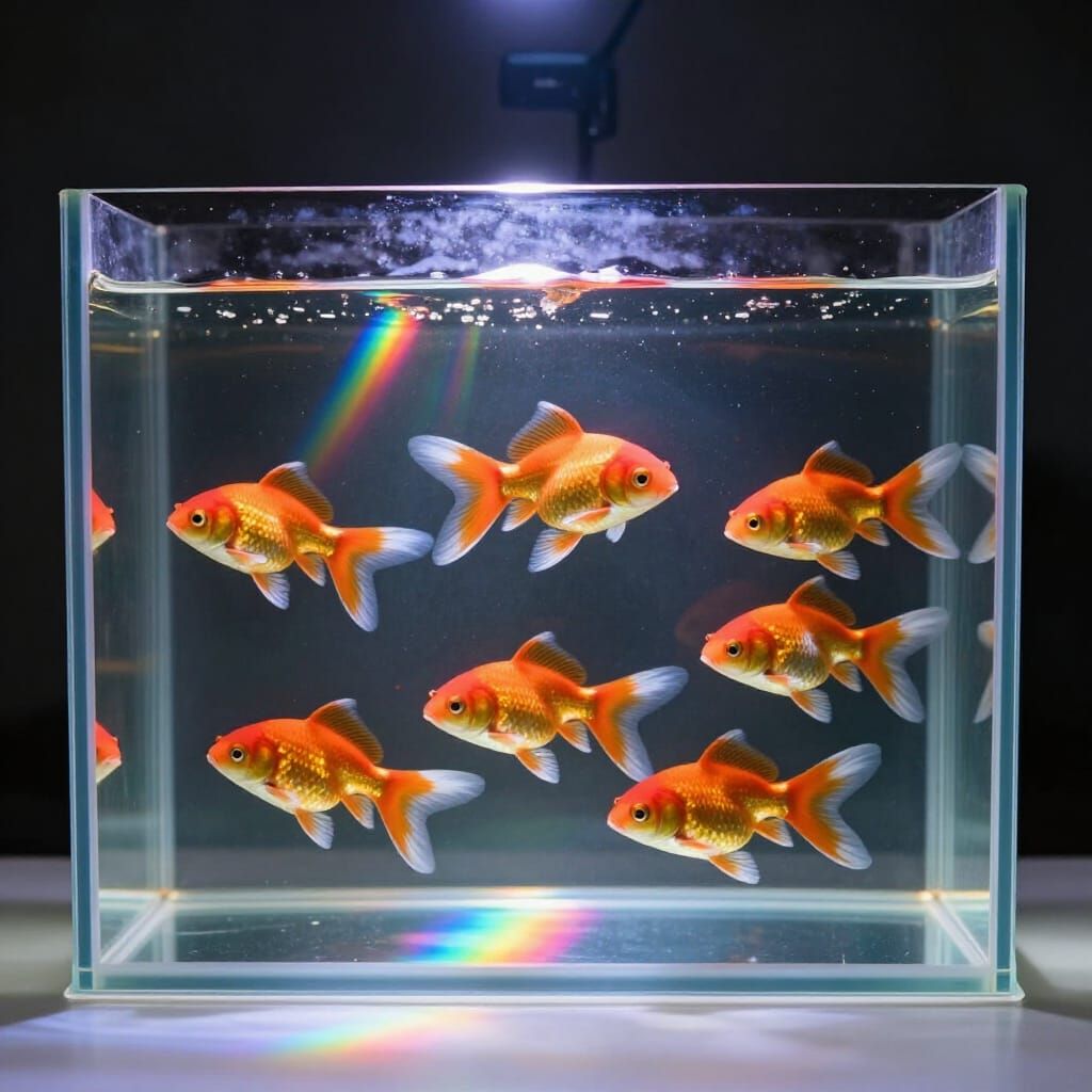 Photorealistic Aquarium with Rainbow Prism and Goldfish